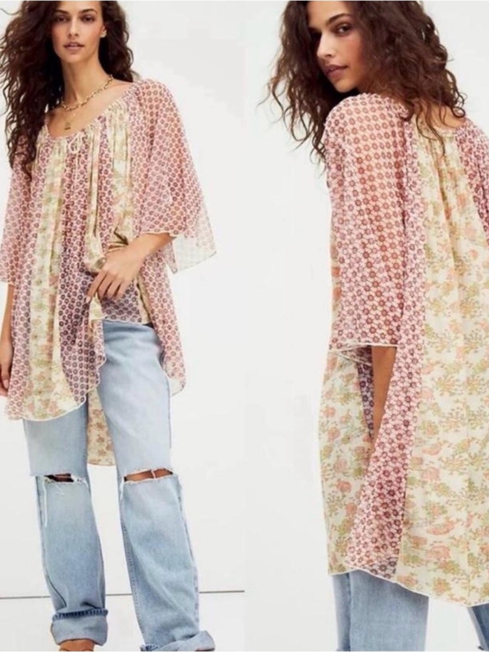 Free People $128 Because I Love You Floral Tie Neck Printed Tunic Top Dress
